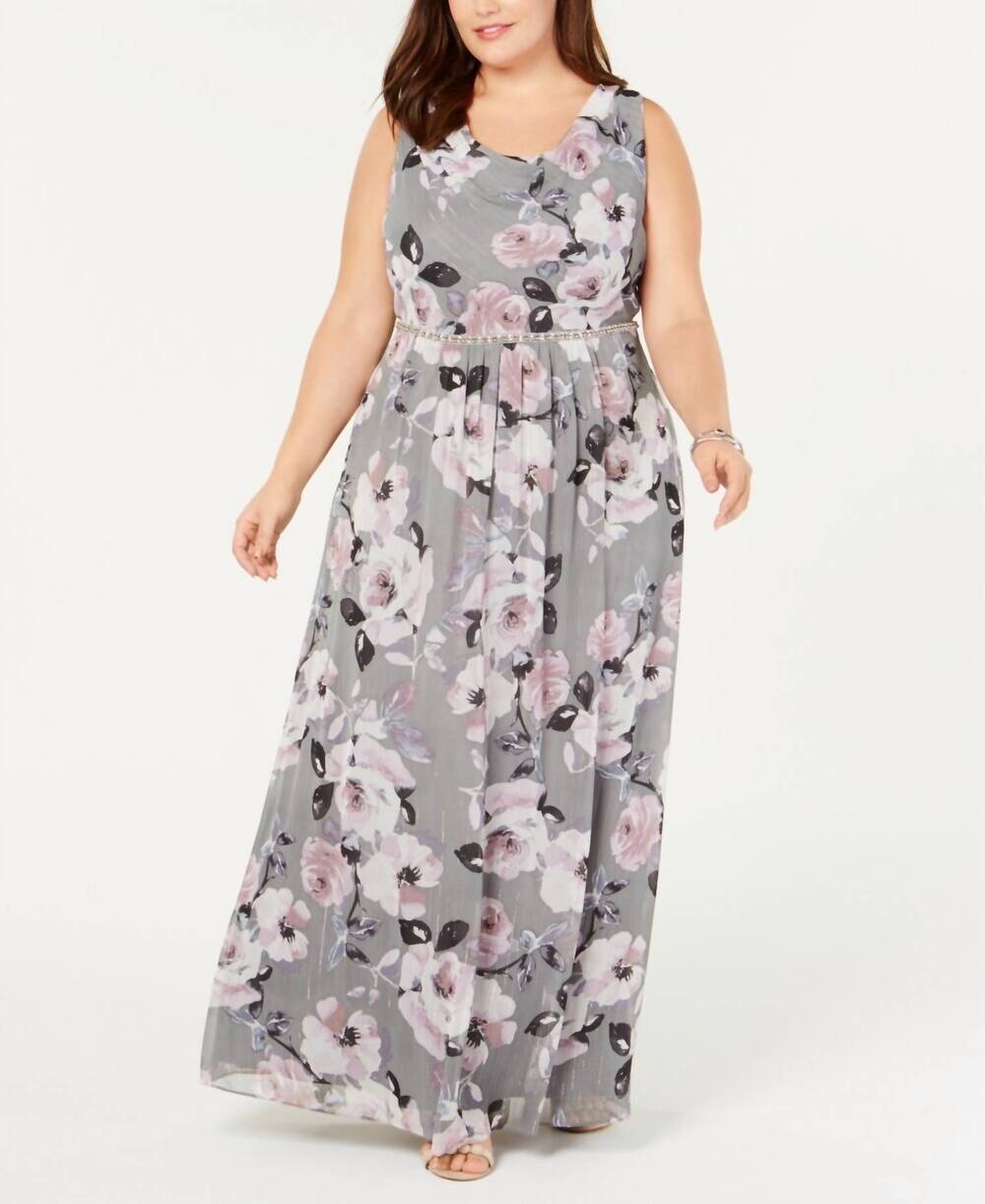 NEW S.L. FASHIONS plus size floral maxi gown in gray multi